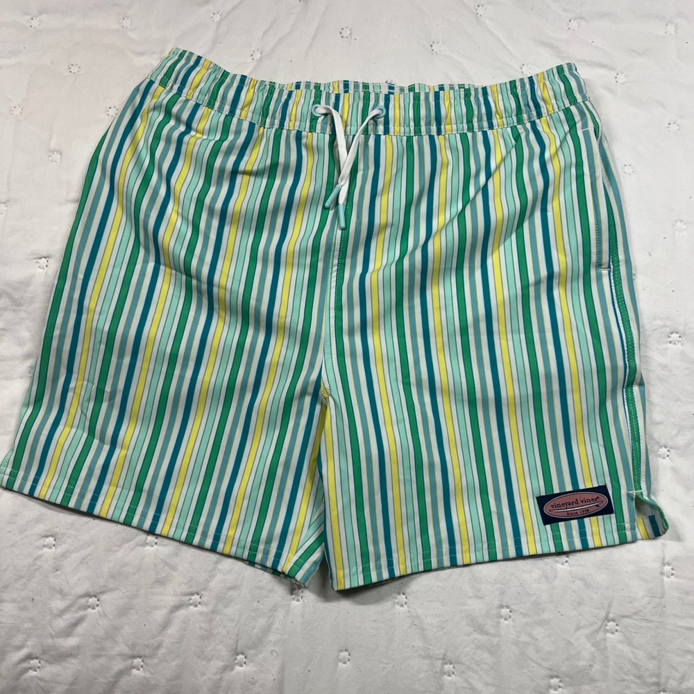 Vineyard Vines Mens Striped Swim Trunks Green Yellow Board Shorts Size M